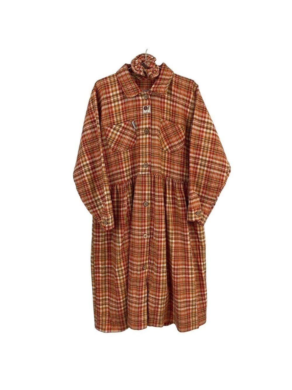 Vtg Souris Mini Gingham Girls Dress 12/14 Orange Long Sleeve Button Up Flannel